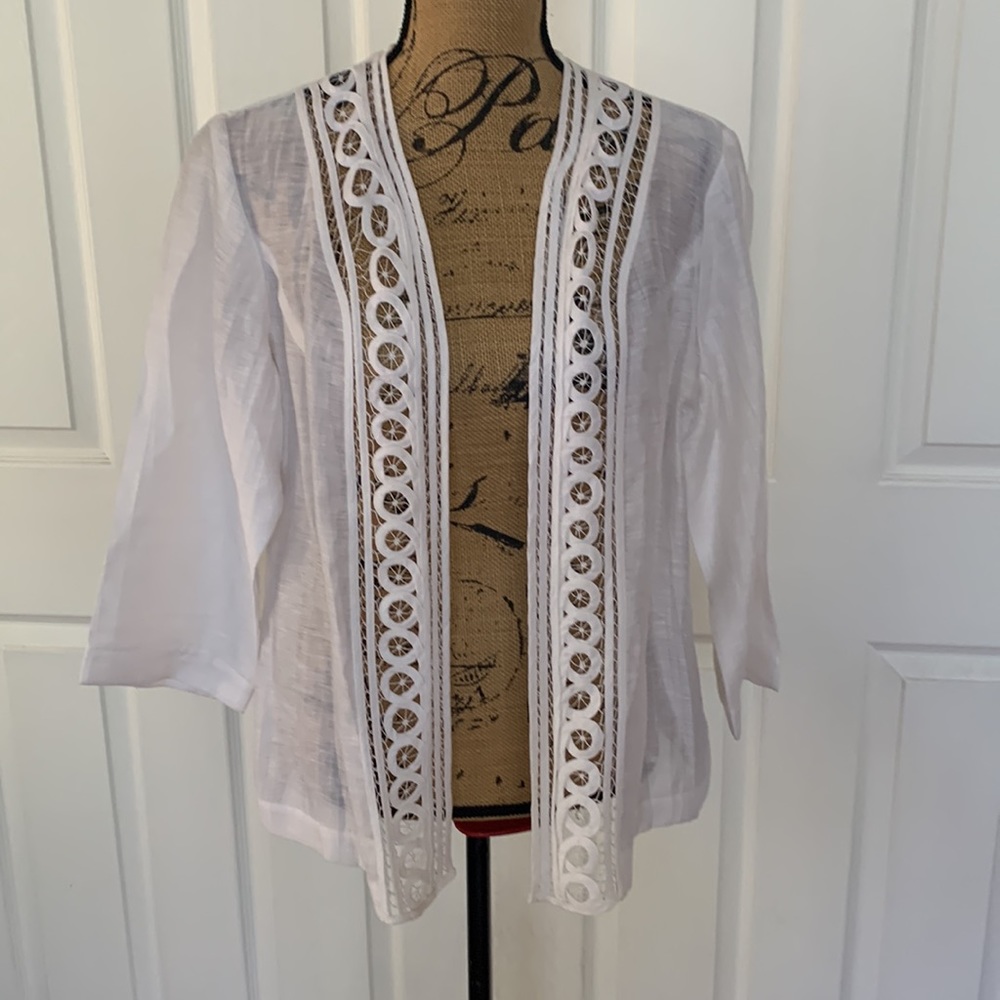 Chico's White Open-Front Crochet Trim Jacket